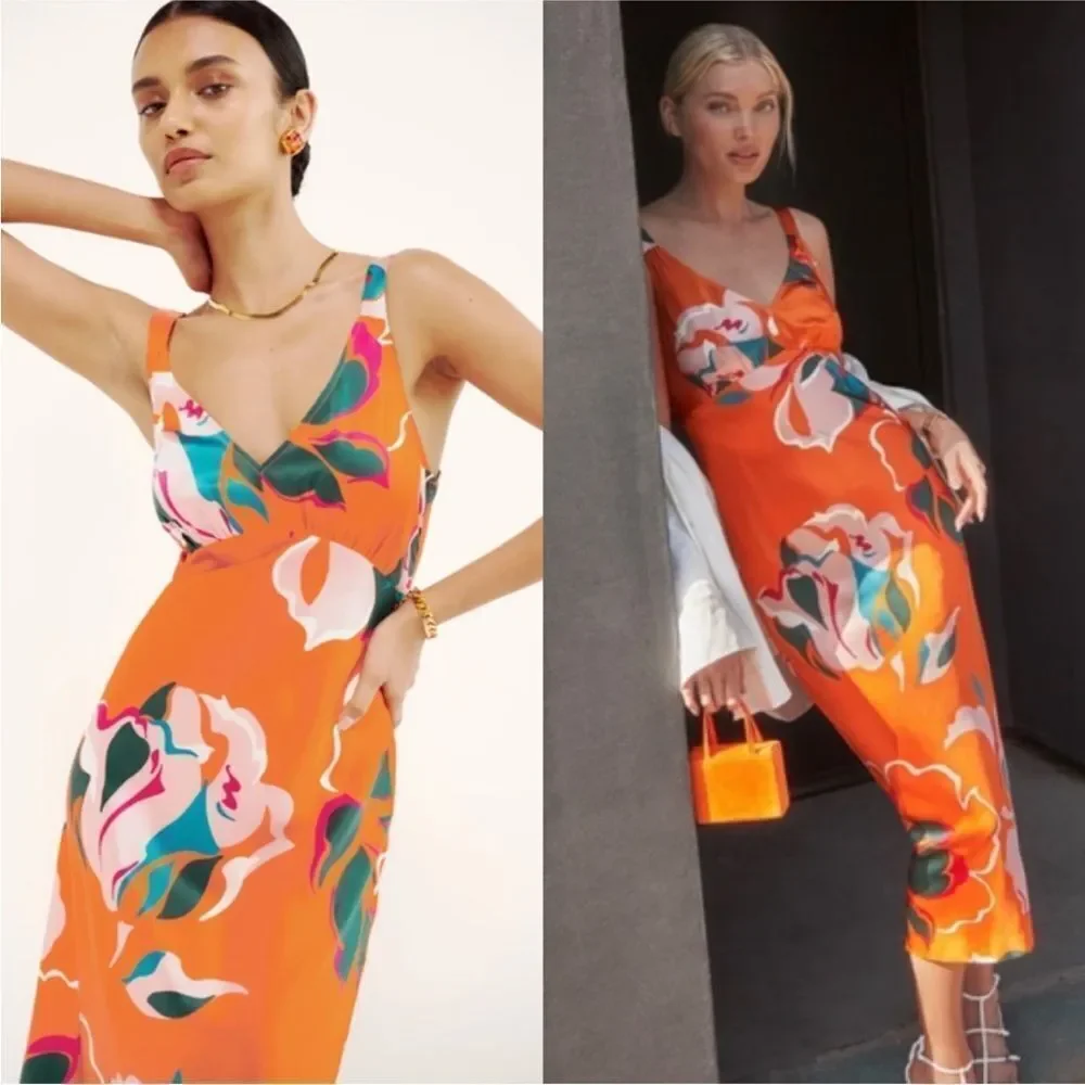 Reformation Daytona silk dress in “Electra” orange floral - Picture 1 of 11
